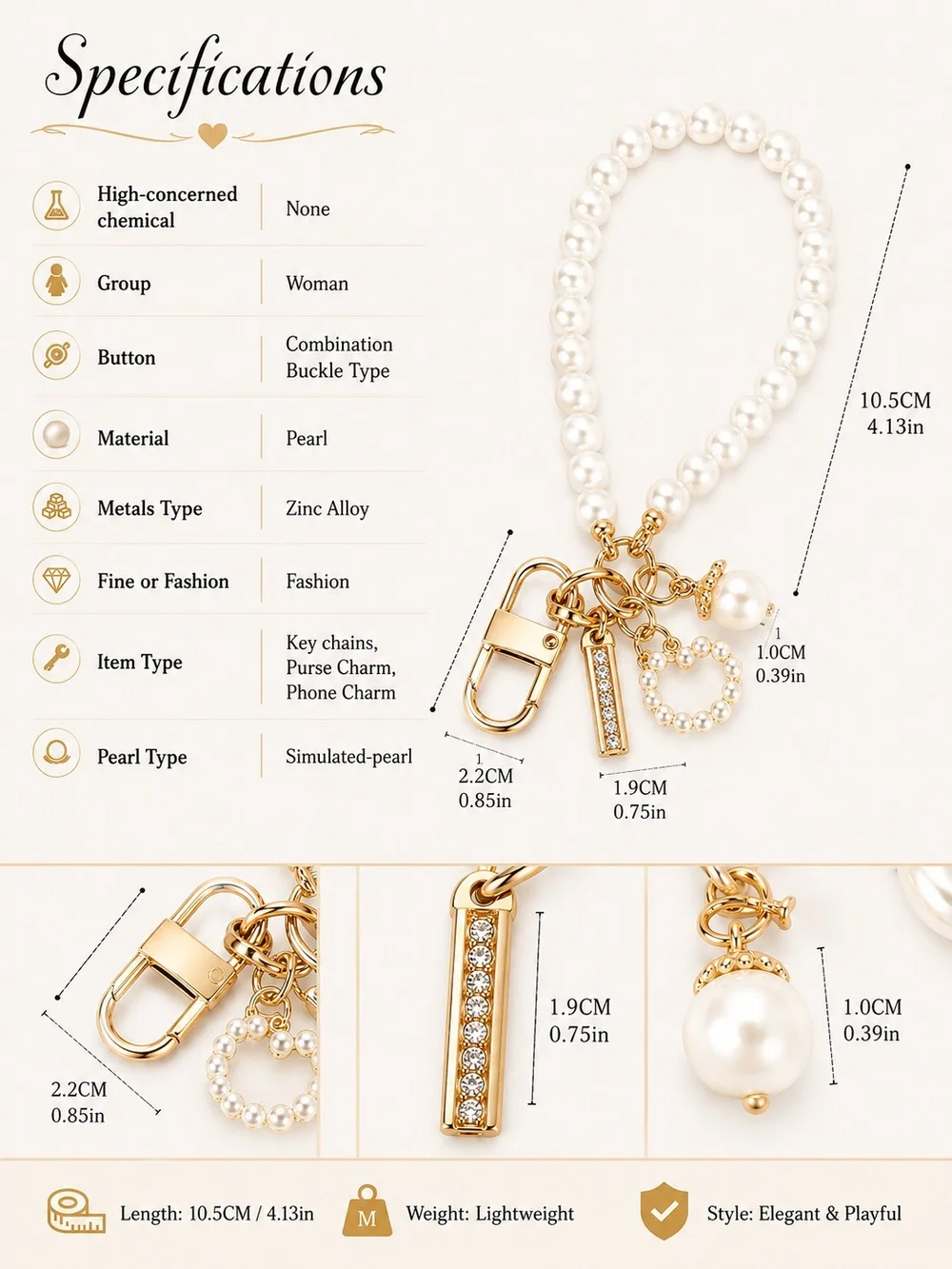 Simulated Pearl Loop Keychain Charm in White with Gold Hardware